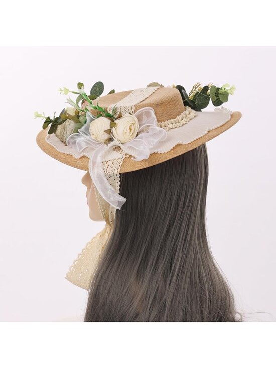 Elegant Victorian Tea Party Sun Hat with Bows & Florals - Stylish Flat Straw Hat